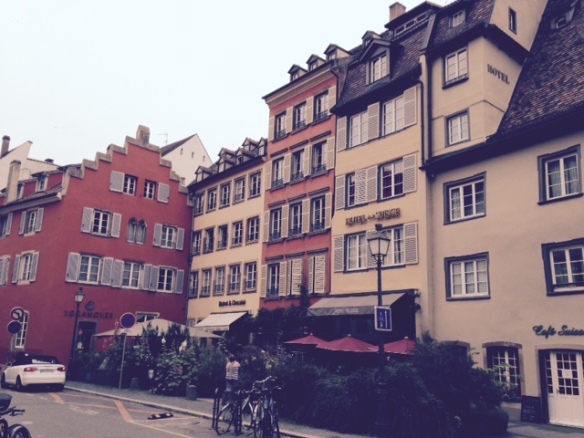Our apartment is the yellow building in between the two red buildings.  We are about 100m from the Strasbourg Cathedral.